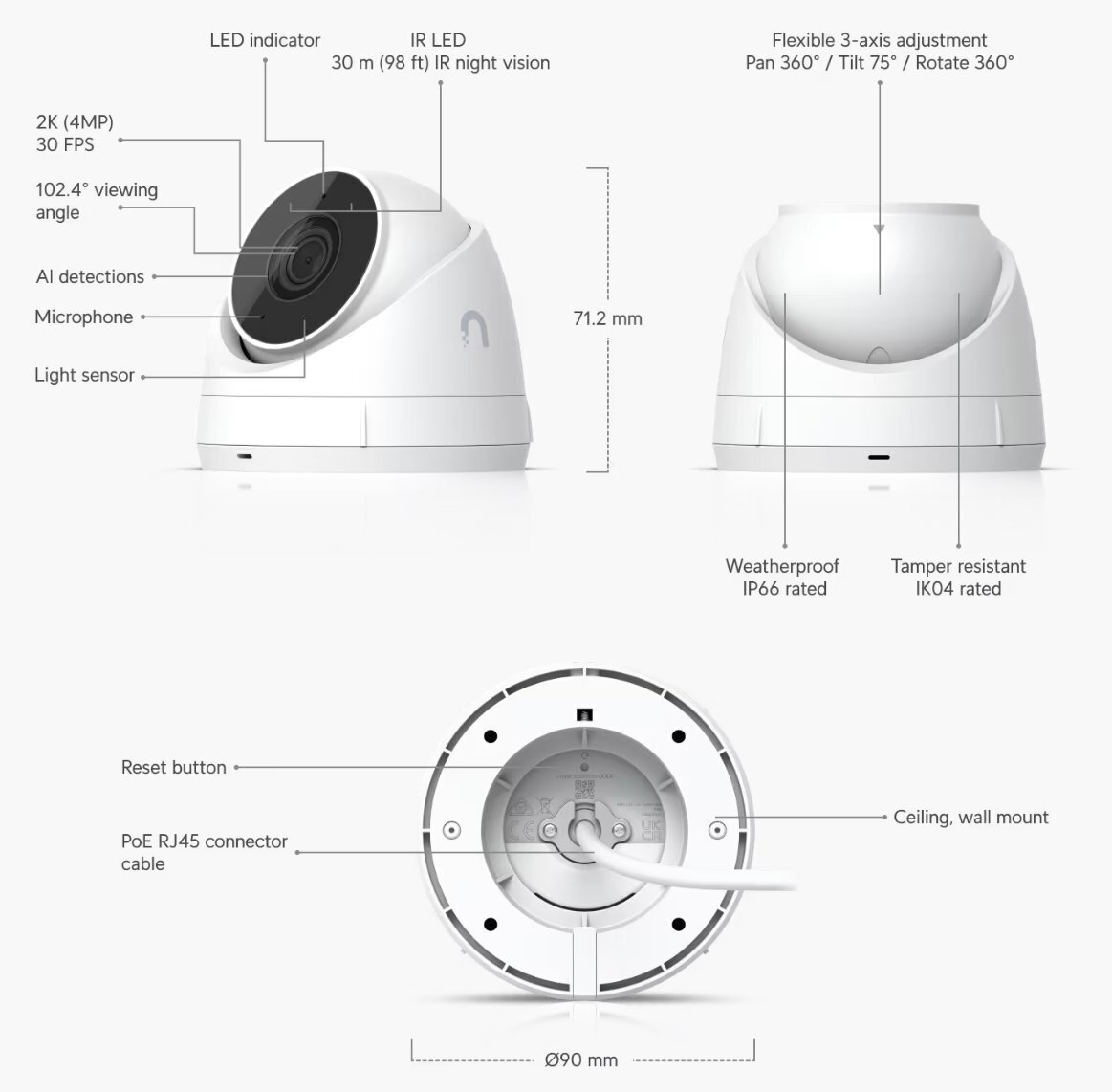 Ubiquiti G5 Turret IP Κάμερα Παρακολούθησης Full HD+ 4MP Αδιάβροχη με Μικρόφωνο και Φακό 2.4mm